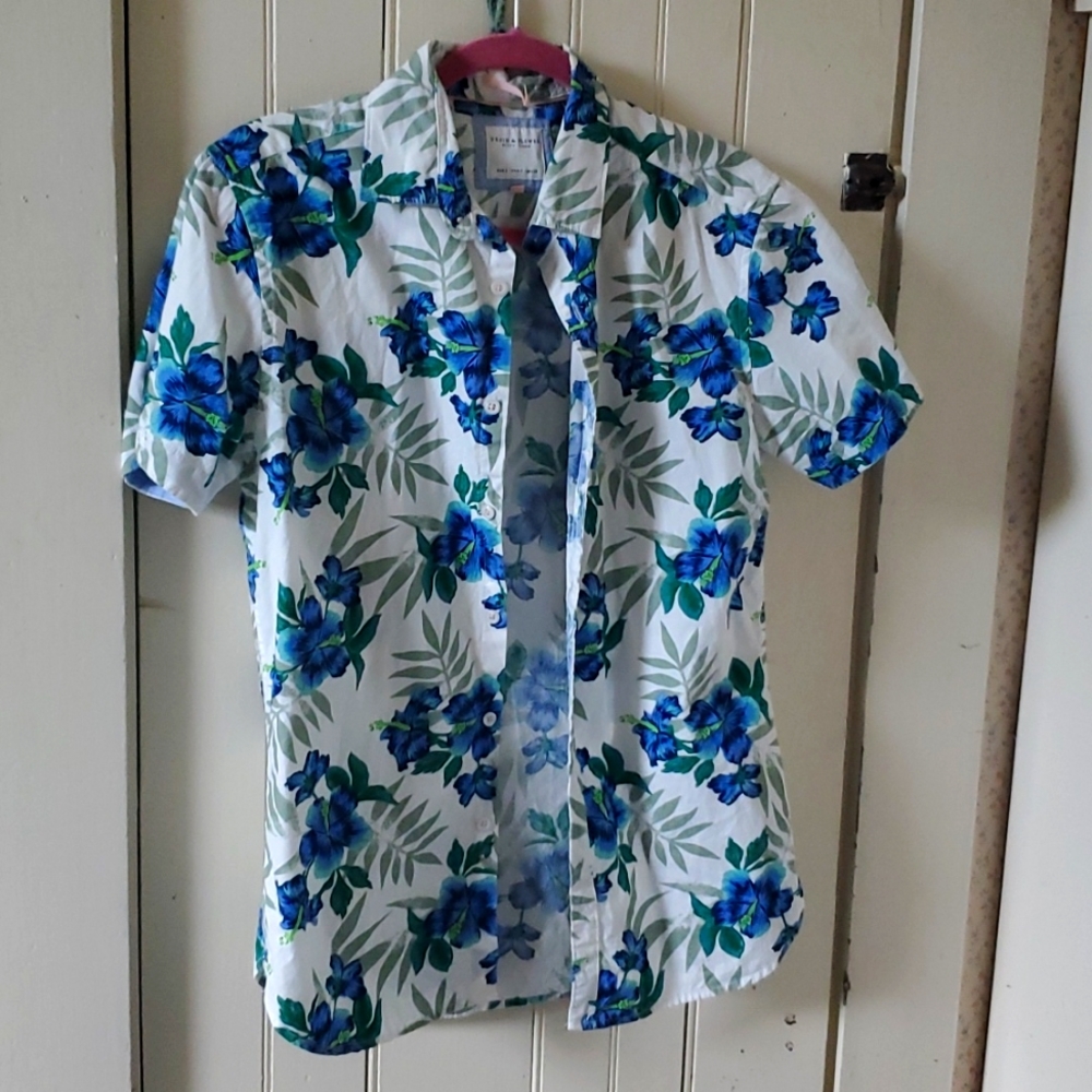 Blue Hibiscus Print Hawaiian Shirt